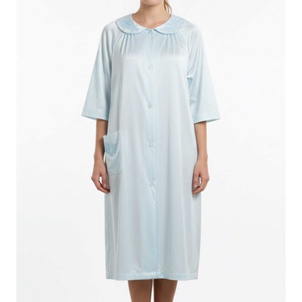 VTG LORRAINE Robe Lingerie LIGHT BLUE Button-Up SILKY NYLON Pocket LACE COLLAR S